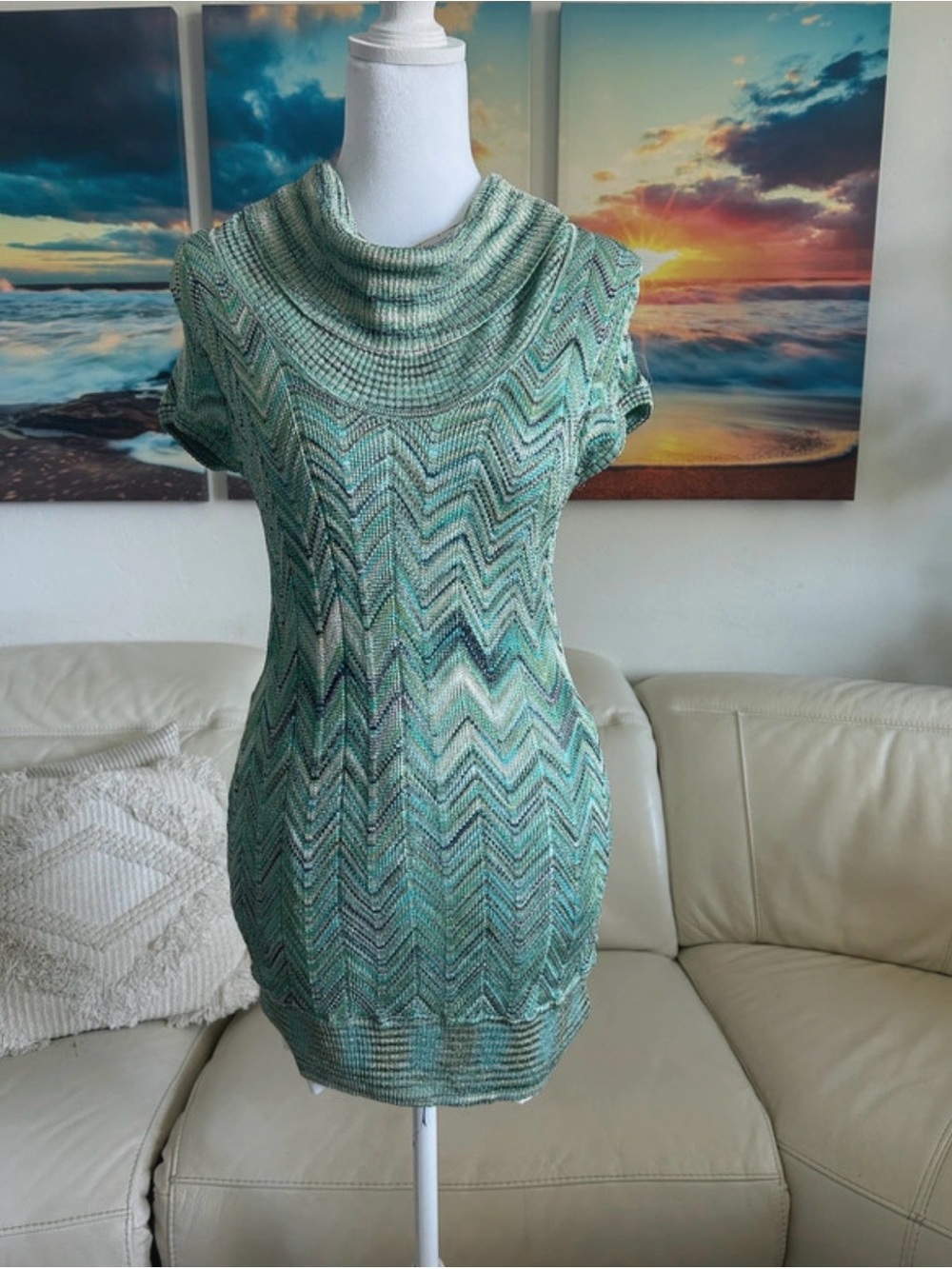 INC International Concepts Mint & Teal Chevron Knit Cowl-Neck Sweater